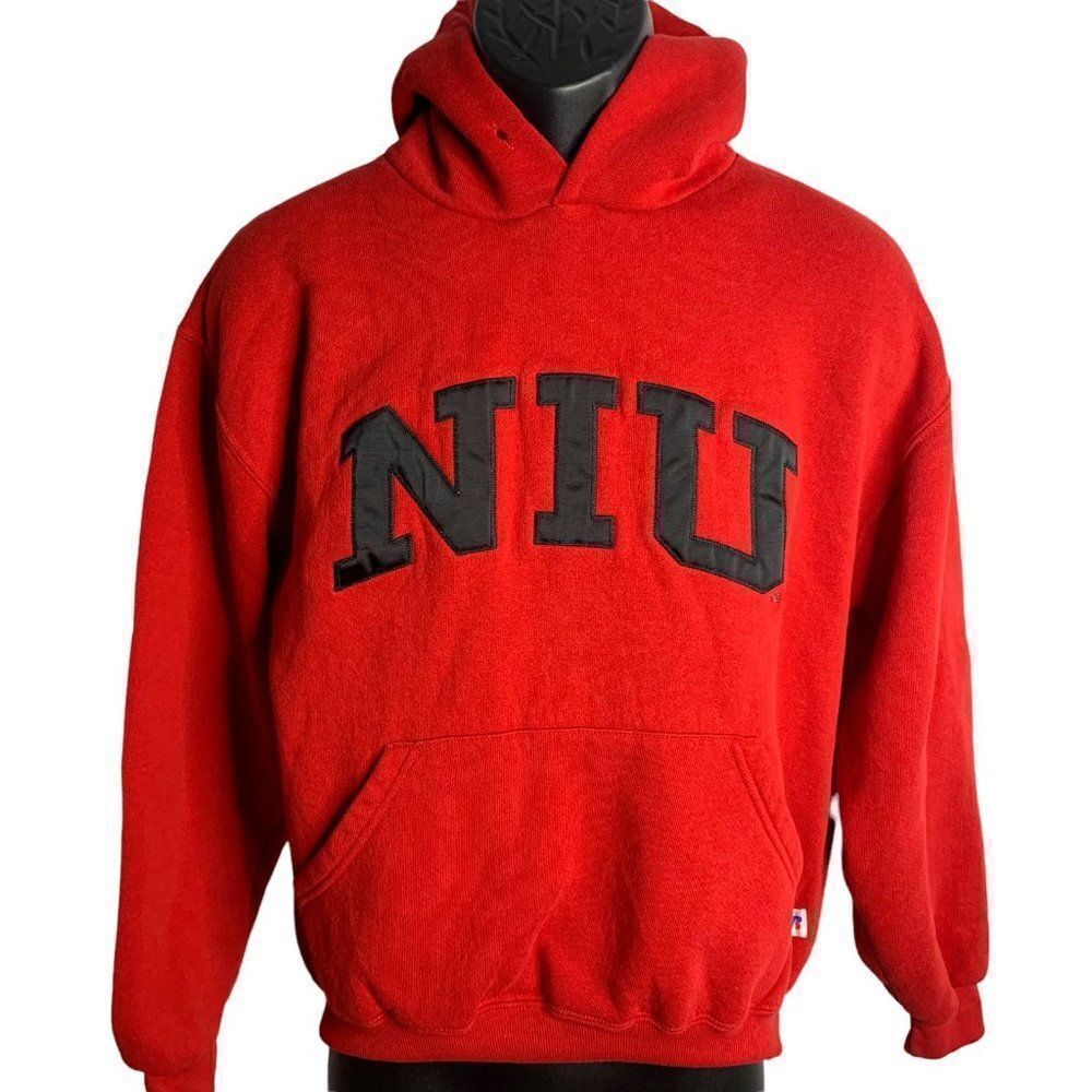 Vintage Russell Northern Illinois Hoodie Sweatshirt M Red Embroidered Pocket